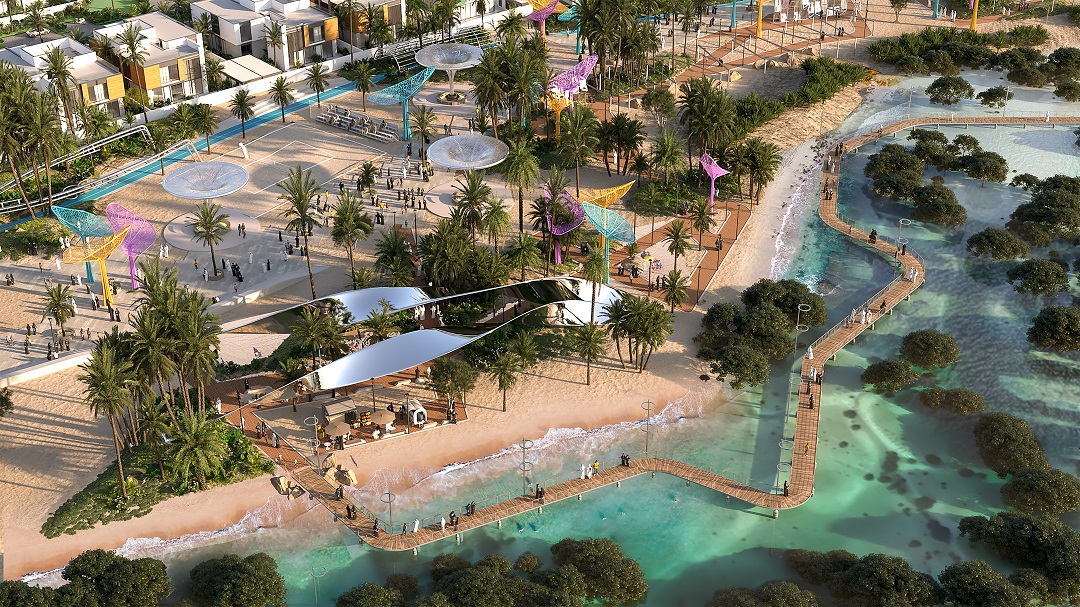 Night-lit streets and landscaping in Saadiyat Lagoons community, Saadiyat Island