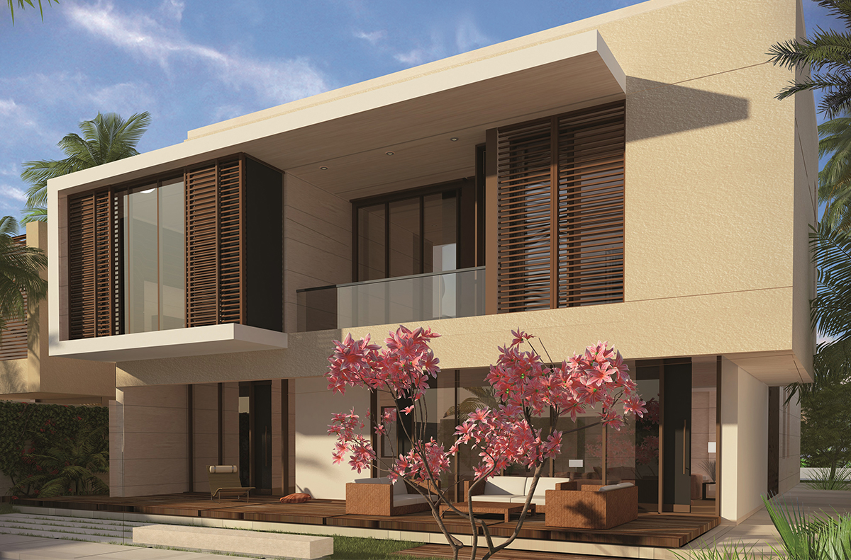 Modern façade of exclusive waterfront residence in Hidd Al Saadiyat