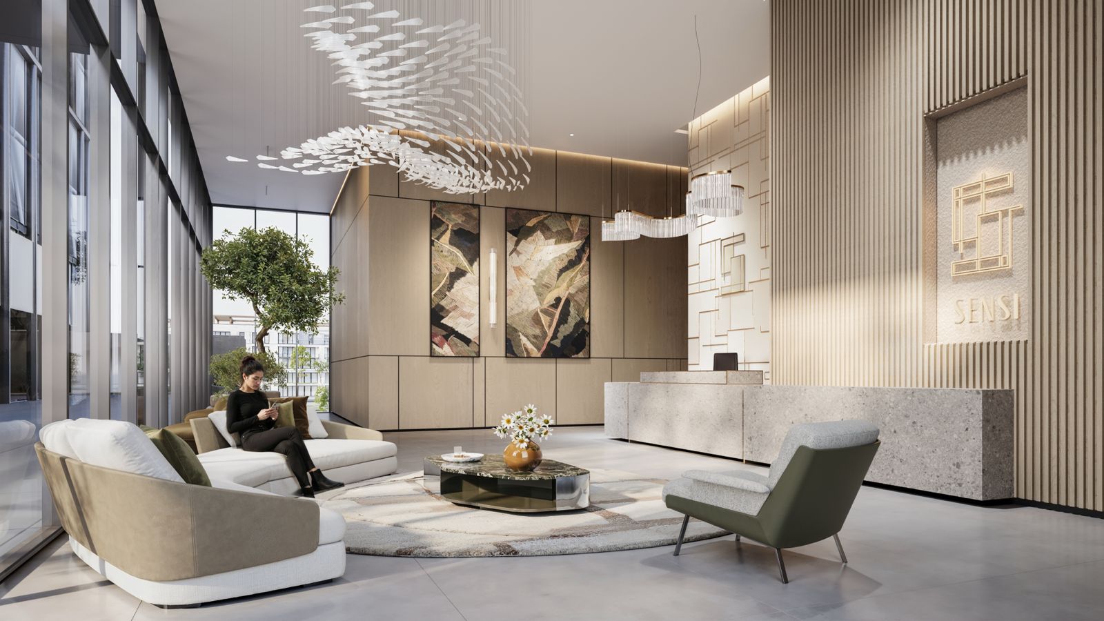 Sensi Saadiyat Island Abu Dhabi dining area interior highlighting minimalist design, natural lighting, and upscale residential lifestyle.