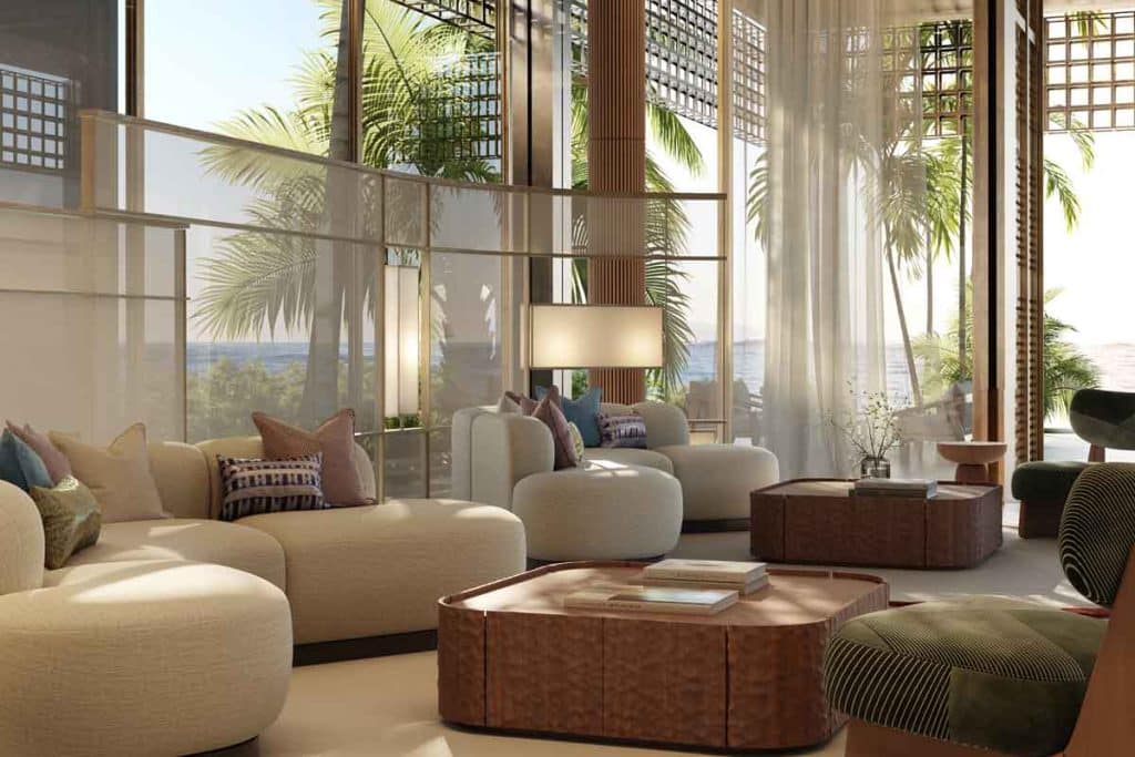 Open-plan dining and living space interior at Nobu Residences on Saadiyat Island, Abu Dhabi, flooded with natural sunlight.