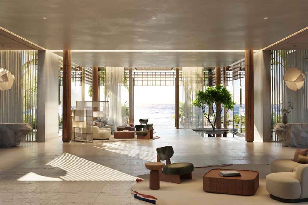 Interior view of a beachfront penthouse lounge at Nobu Residences by Aldar Properties in Saadiyat Cultural District, Abu Dhabi.