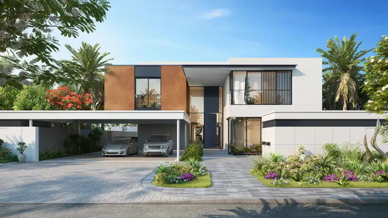 Twilight exterior view of an Ethir villa within Saadiyat Lagoons, Saadiyat Island, Abu Dhabi off-plan luxury new residential villa development.