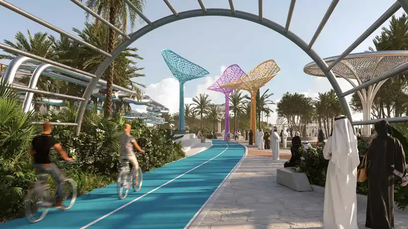 Villa entrance and driveway exterior at Ethir villa within Saadiyat Lagoons, Saadiyat Island, Abu Dhabi off-plan new residential villa community.