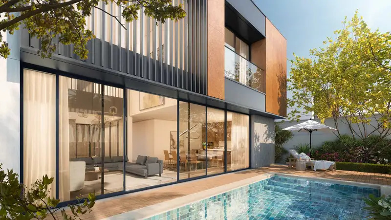 Covered parking exterior space at an Ethir villa located within Saadiyat Lagoons, Saadiyat Island, Abu Dhabi off-plan luxury villa community.