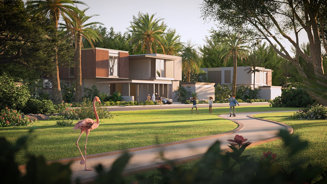 Twilight exterior view of a premium villa at Saadiyat Lagoons Al Ghaf, Saadiyat Island, Abu Dhabi, showcasing nature-inspired architecture