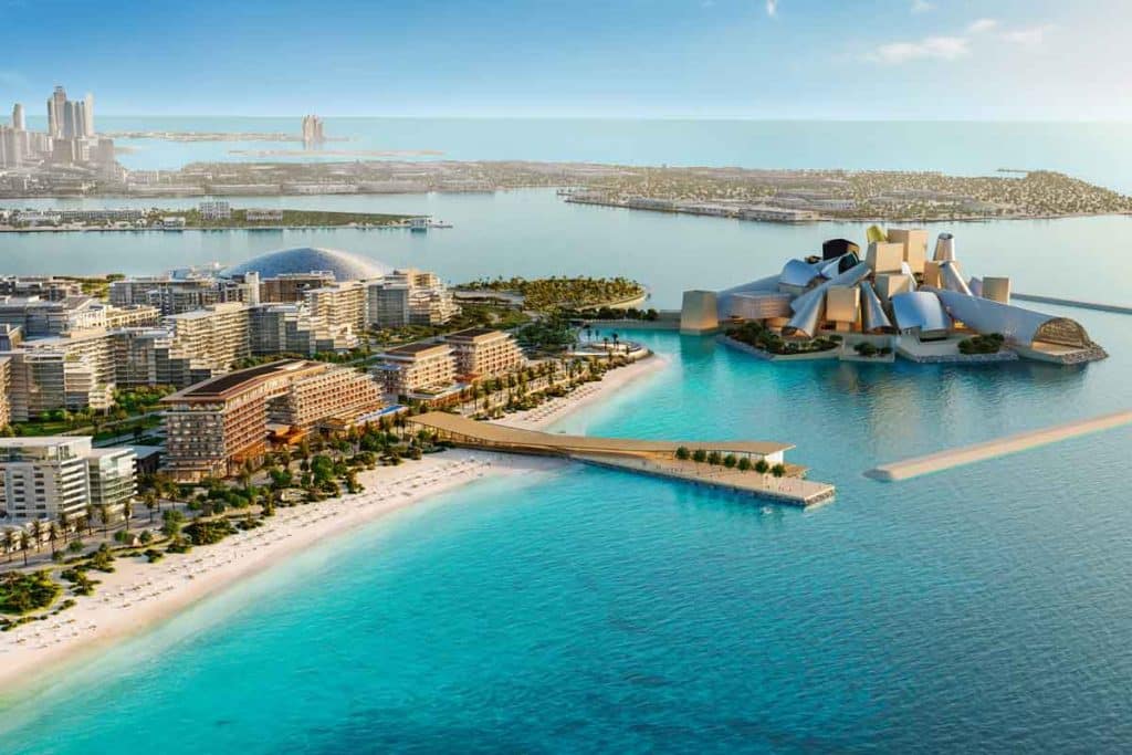 Ultra-luxury exterior architectural view of Nobu Residences on Saadiyat Island, Abu Dhabi, showcasing beachfront towers along Mamsha Beach.