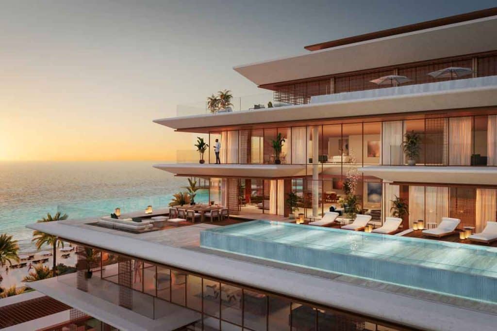 Modern coastal exterior layout of Nobu Residences on Saadiyat Island, Abu Dhabi, featuring private balconies overlooking Mamsha Beach.