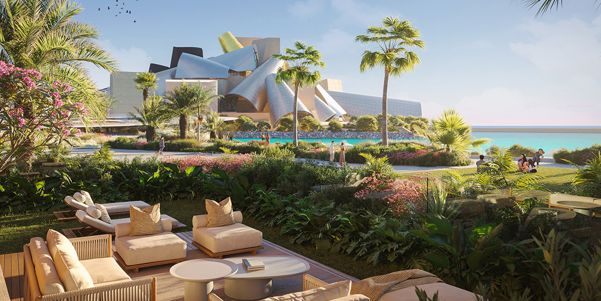 Dramatic dusk exterior view of the oceanfront towers at Nobu Residences within the Saadiyat Cultural District, Abu Dhabi.